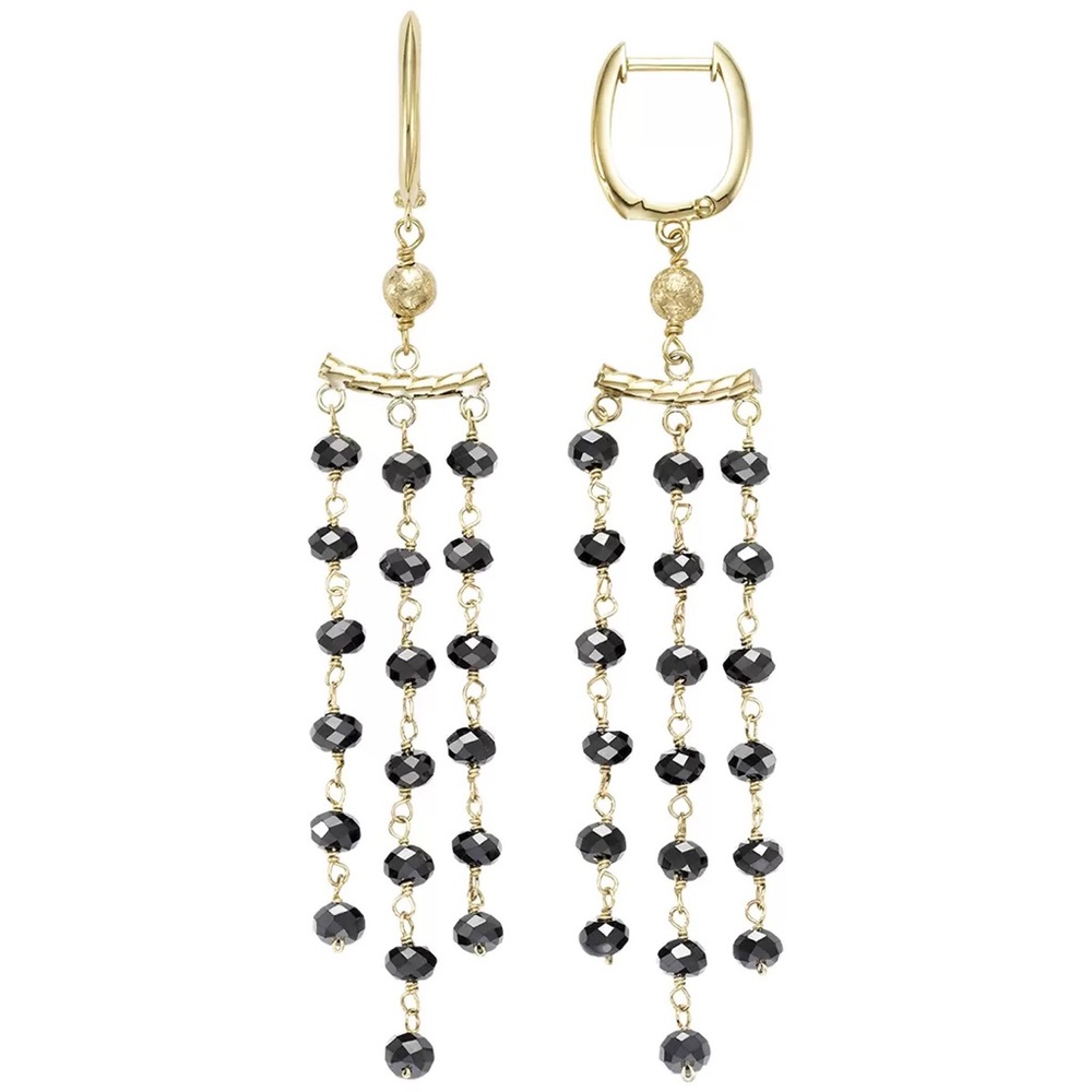 14KT Yellow Gold 3 Row Black Spinel Earrings - Picture 2 of 7